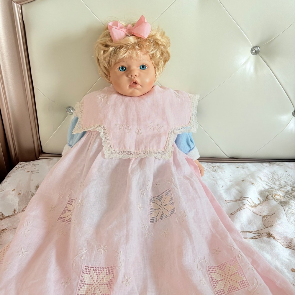 Vintage Pink Embroidered Lace Trim Baby‎ Girls Dress Portrait Collar Pink 2T-3T